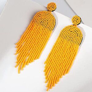 Long 4.5" Orange Yellow Art Deco Oversized Earrings New Bohemian Tassel Fringe